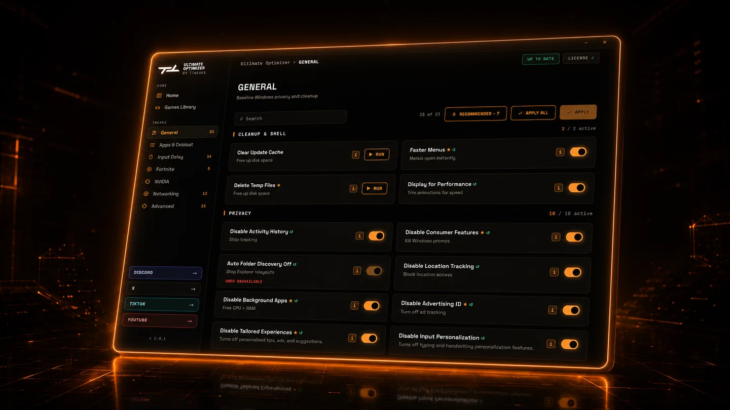 Ultimate Optimizer home and Fortnite tuning preview